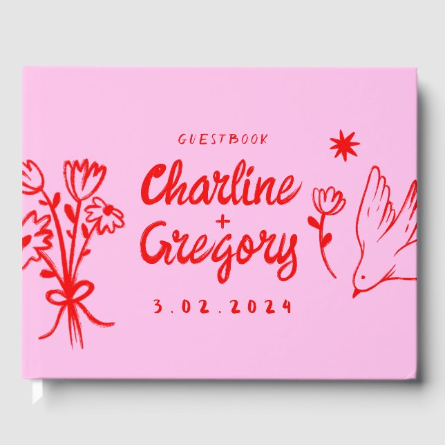Retro Pink Red Handwriting Wedding  Guest Book (Front)