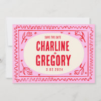 Retro Pink Red Handwriting Wedding Save the Date