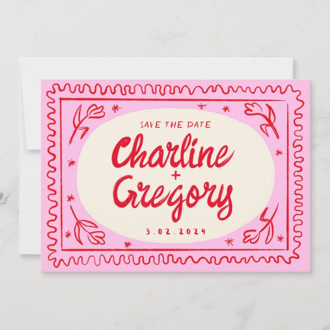Retro Pink Red Handwriting Wedding Save the Date Invitation (Front)