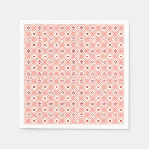 Retro Pink, Red Heart And Snowflakes Pattern Napkin