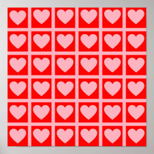 Retro Pink Red Heart Check Y2K Pattern Poster