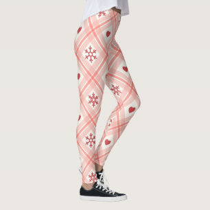 Retro Pink & Red Heart Snowflakes Pattern Leggings