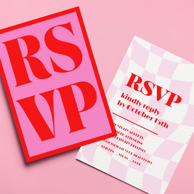 Retro Pink Red Pattern Bold Typography Wedding RSVP Card (Creator Uploaded)