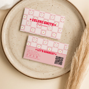 Retro Pink Red QR Code Checkered Groovy Floral Business Card