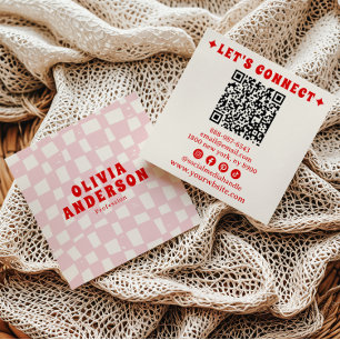 Retro Pink Red QR Code Groovy Checkered Girly Boho Square Business Card