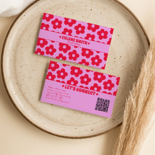 Retro Pink Red QR Code Groovy Floral Boho Girly Business Card
