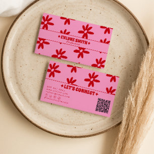 Retro Pink Red QR Code Groovy Floral Girly Trendy Business Card