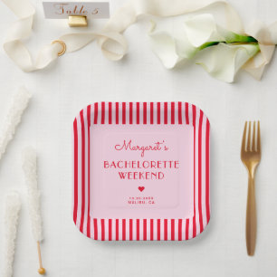 Retro Pink & Red Stripes Bachelorette Weekend Paper Plate