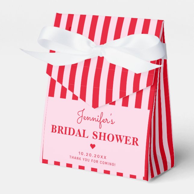 Retro Pink & Red Stripes Bridal Shower Custom Favor Box (Front Side)