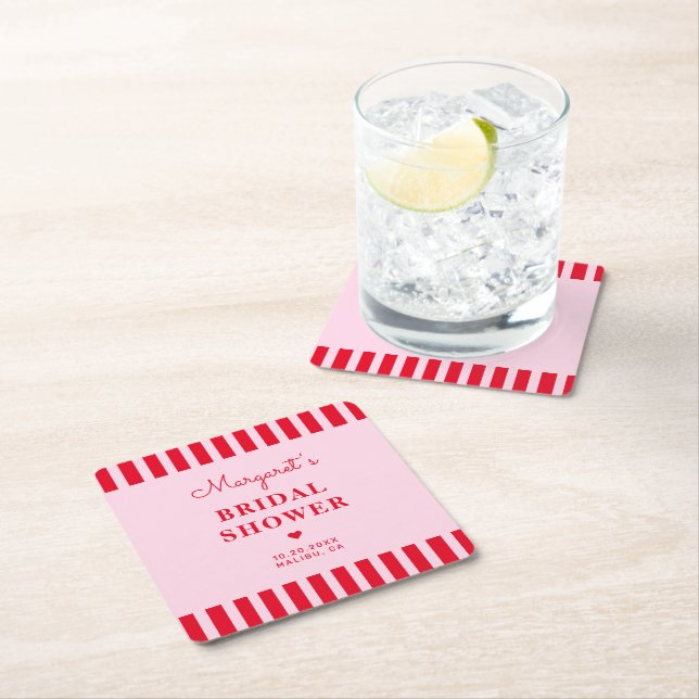Retro Pink & Red Stripes Bridal Shower Custom Square Paper Coaster (Insitu)