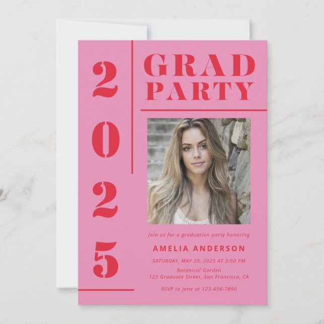 Retro Pink Red Typography Photo Graduation Party Invitation (Front)