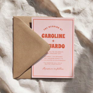 Retro Pink Red  Wavy Boho Wedding Qr Code   Invitation