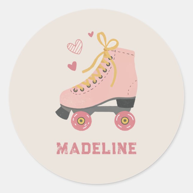 Retro Pink Roller Skates Name Classroom Valentine Classic Round Sticker (Front)