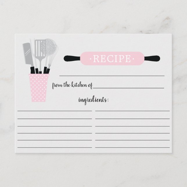 Retro Pink Rolling Pin Kitchen Tools Recipe Card (Front)