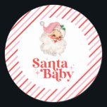 Retro Pink Santa Baby christmas baby shower Classic Round Sticker<br><div class="desc">retro pink Santa Baby  christmas themed baby shower paper party stickers.</div>