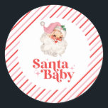 Retro Pink Santa Baby christmas baby shower Classic Round Sticker<br><div class="desc">retro pink Santa Baby  christmas themed baby shower paper party stickers.</div>