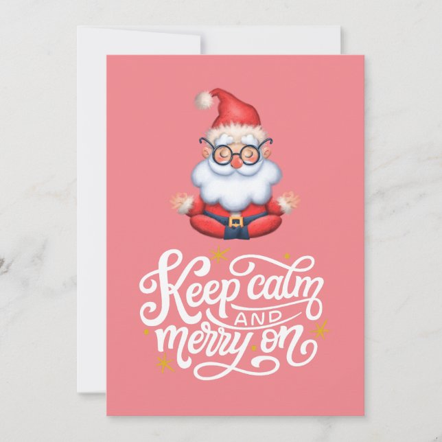 Retro Pink Santa  Meditate Keep Calm And Merry On  Holiday Card (Front)