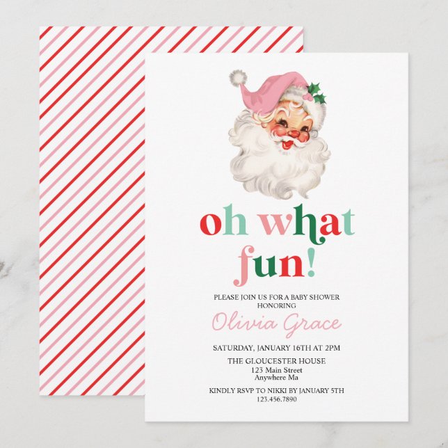 Retro Pink Santa oh what fun Baby Shower Invitation (Front/Back)