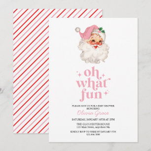 Retro Pink Santa oh what fun Baby Shower Invitation