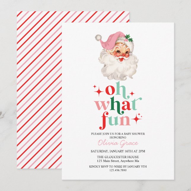 Retro Pink Santa oh what fun Baby Shower Invitation (Front/Back)