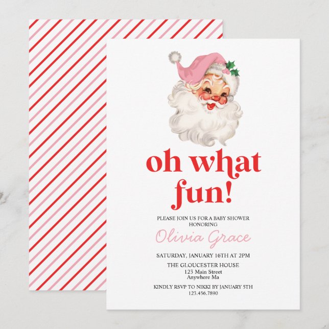 Retro Pink Santa oh what fun Baby Shower Invitation (Front/Back)