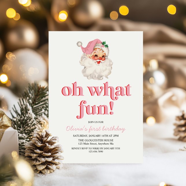 Retro Pink Santa oh what fun birthday Invitation (Creator Uploaded)