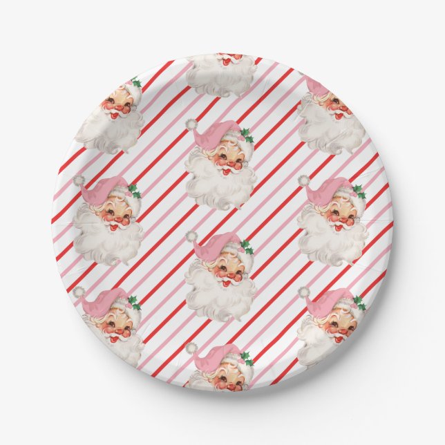Retro Pink Santa Oh What Fun Paper Plate (Front)