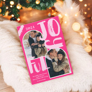 Retro pink script 2 photos arch Joyful Christmas Holiday Card