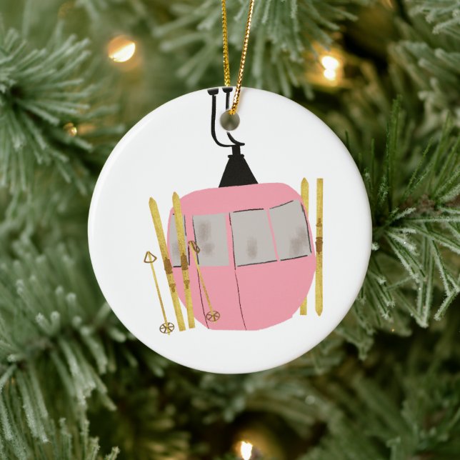 Retro Pink Ski Lift - Skiing Snowboarding Ceramic Ornament (Tree)