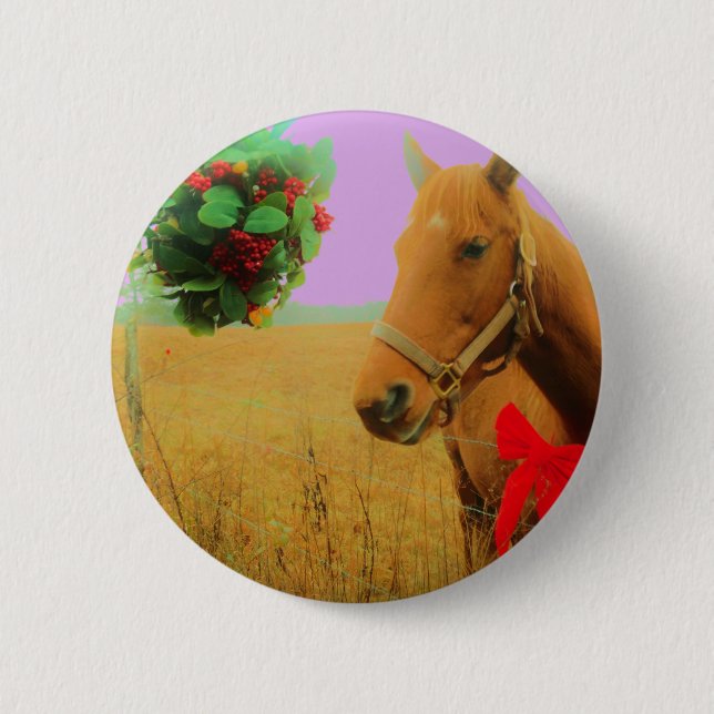 Retro pink sky Christmas Horse 2 Inch Round Button (Front)