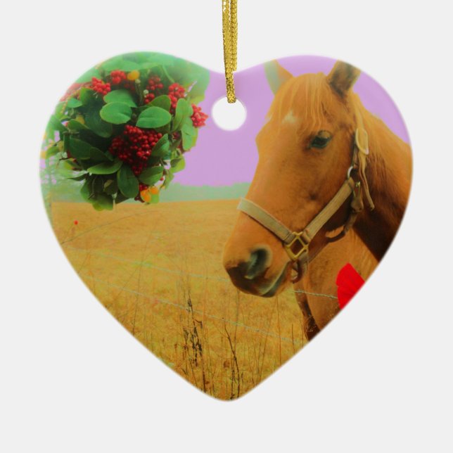 Retro pink sky Christmas Horse Ceramic Ornament (Front)