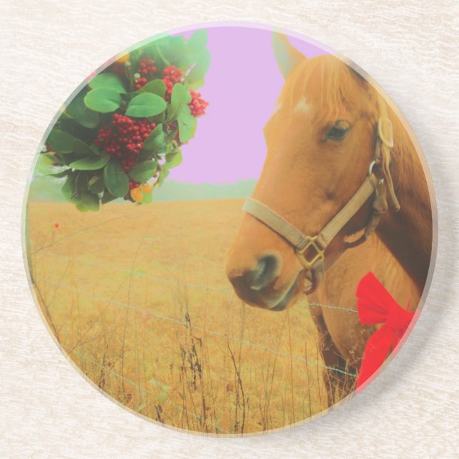 Retro pink sky Christmas Horse Coaster (Front)