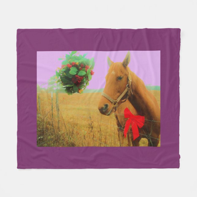Retro pink sky Christmas Horse Fleece Blanket (Front (Horizontal))