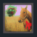 Retro pink sky Christmas Horse Keepsake Box<br><div class="desc">Retro pink sky Christmas Horse Retro pink sky Christmas Horse with Red Bow Choose your background colour.Purple background Shown here. Horse with Red Bow Christmas Horse Christmas Horse Photo by Sandy Closs "Kissing under the mistletoe" , " Christmas Horse ", Mistletoe , "funny horse""horse at christmas""christmas horse", christmas, , xmas...</div>