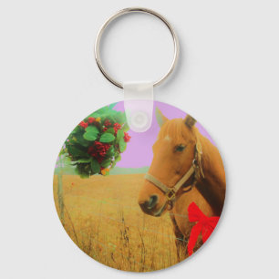 Retro pink sky Christmas Horse Keychain