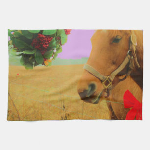 Retro pink sky Christmas Horse Kitchen Towel