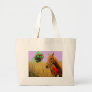 Retro pink sky Christmas Horse Large Tote Bag