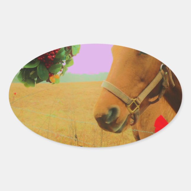 Retro pink sky Christmas Horse Oval Sticker (Front)