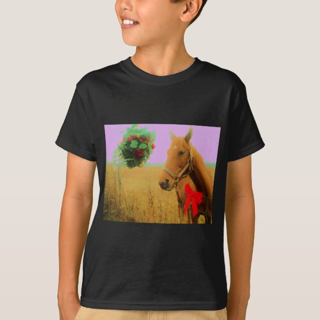 Retro pink sky Christmas Horse T-Shirt (Front)