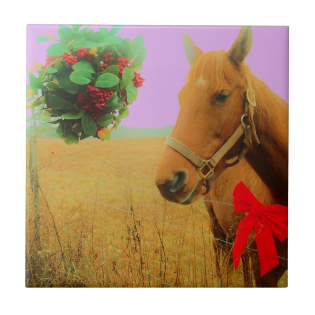 Retro pink sky Christmas Horse Tile (Front)