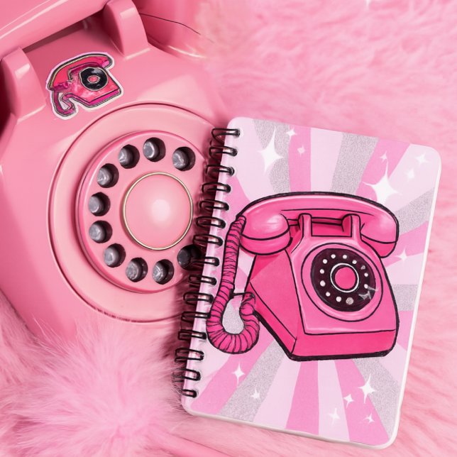 Retro Pink Sparkle Rotary Landline Phone  Notebook (Notebook features a bold pink rotary phone with sparkle pop art rays in pink, white, and silver)