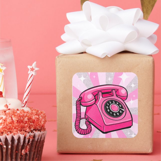 Retro Pink Sparkle Rotary Landline Phone  Square Sticker (Party)
