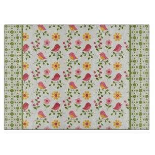 Retro Pink Spring Birds Panel  Cutting Board