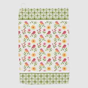 Retro Pink Spring Birds Panel   Golf Towel