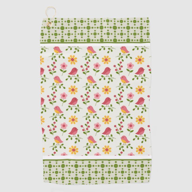 Retro Pink Spring Birds Panel   Golf Towel (Front)
