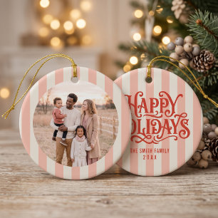 Retro Pink Stripes Family Photo Ceramic Ornament