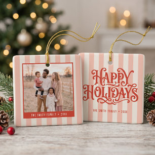 Retro Pink Stripes Family Photo Ceramic Ornament