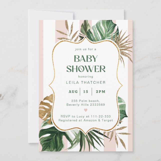 Retro pink stripes palm beach Baby Shower Invitation (Front)