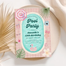 Retro Pink Summer Pool Party Birthday Invitation