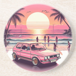 Retro Pink Summer Sunset Beach Vibe Coaster